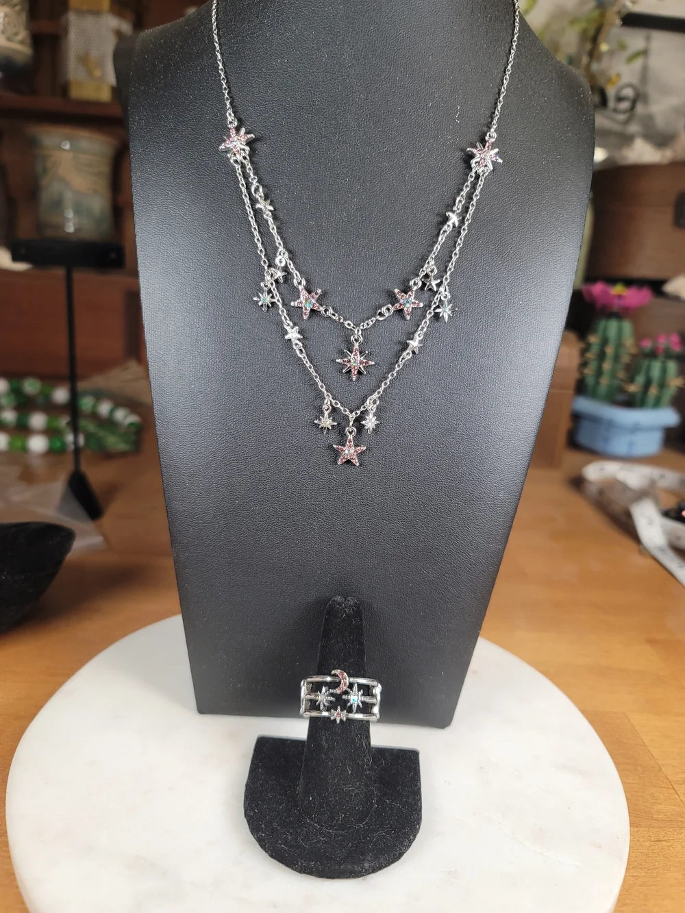paparazzi Silver Layered Starburst Necklace & Ring with Purple Accents - Picture 1 of 3